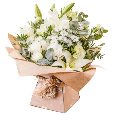 Pure Elegance - A graceful hand-tied bouquet featuring a sophisticated blend of crisp white tones, soft textures, and lush greenery. Beautifully arranged to create a sense of serenity and refinement, this elegant design is perfect for expressing heartfelt sentiments, celebrating special moments, or adding a touch of natural beauty to any setting.

Presented in a stylish decorative gift box with contemporary wrapping, this arrangement arrives ready to enjoy and makes a thoughtful gift for birthdays, anniversaries, thank-you gestures, new beginnings, or simply letting someone know you care.
