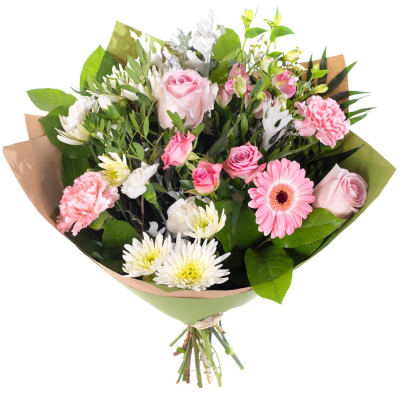 Blushing Meadows - A beautifully arranged hand-tied bouquet featuring a delicate blend of soft pink and crisp white tones, complemented by lush seasonal greenery. Designed with a natural, garden-inspired feel, this elegant arrangement combines gentle colours, varied textures, and graceful styling to create a gift that is both charming and sophisticated.

Carefully wrapped in contemporary kraft-style packaging, this bouquet is perfect for birthdays, anniversaries, thank-you gifts, new baby celebrations, or simply sending a thoughtful message to brighten someone's day.