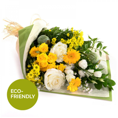 Lemon Twist - Fresh, vibrant, and full of natural charm, this eco-friendly bouquet combines sunny yellow tones, crisp whites, and lush greenery to create a wonderfully uplifting gift. Inspired by the colours of a bright summer garden, this hand-tied arrangement is carefully crafted to bring warmth, positivity, and elegance to any occasion.

Wrapped using environmentally conscious materials and finished with rustic natural detailing, this bouquet is perfect for birthdays, thank-you gifts, celebrations, get well wishes, or simply brightening someone's day.