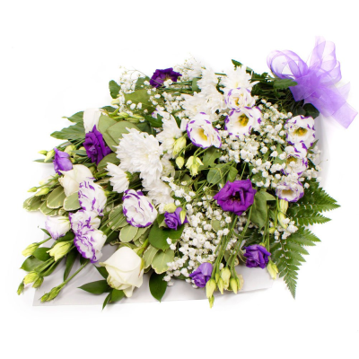 Eternal Peace - A graceful hand-tied funeral sheaf designed to convey heartfelt sympathy and lasting remembrance. Featuring a calming blend of soft white and gentle lavender tones, this elegant tribute is thoughtfully arranged with delicate textures and fresh greenery to create a serene and comforting display.

Traditionally presented as a funeral sheaf, this arrangement is suitable for placement beside the coffin, at a memorial service, or as a meaningful expression of condolence. Carefully crafted by a professional florist, it offers a respectful way to honour the memory of a loved one and provide comfort to grieving family and friends.