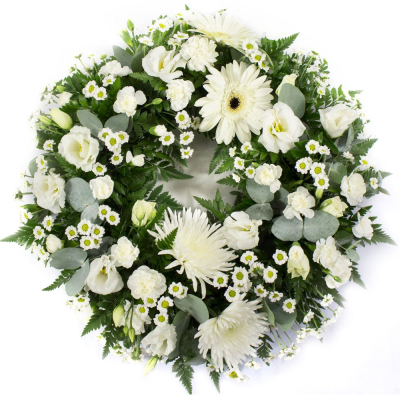 Wreath - A graceful funeral wreath designed to convey heartfelt sympathy, remembrance, and respect. Featuring a serene palette of pure white tones complemented by fresh greenery, this elegant circular tribute symbolises eternal love, peace, and the unbroken bond of cherished memories.

Expertly handcrafted by a professional florist, this timeless wreath provides a dignified expression of condolence and serves as a beautiful focal tribute at funeral services, memorials, and celebrations of life. Its classic design offers comfort and a meaningful way to honour a loved one’s memory.