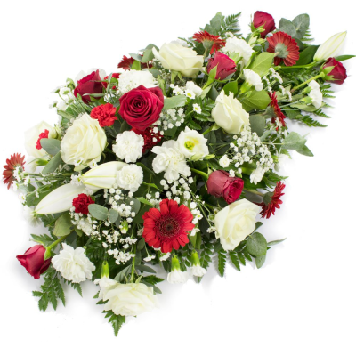 Precious Memories - A beautiful single-ended funeral spray designed to honour a cherished life and express heartfelt condolences. Featuring a harmonious blend of rich red and pure white tones, accented with fresh greenery, this elegant tribute symbolises love, respect, remembrance, and enduring affection.

Expertly handcrafted by a professional florist, this traditional funeral arrangement creates a graceful and meaningful display, making it a fitting choice for funeral services, memorial ceremonies, and celebrations of life. Its flowing design offers a touching expression of sympathy and support during a difficult time.