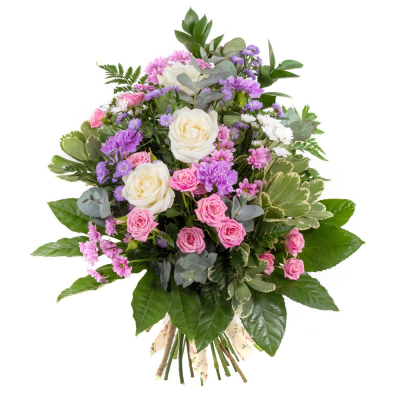 Tender Memories - A graceful tied sheaf created to express sympathy, comfort, and loving remembrance. Featuring a delicate blend of soft pink, gentle lavender, and pure white tones, complemented by lush greenery, this elegant tribute offers a heartfelt way to honour the memory of a loved one.

Expertly handcrafted by a professional florist, this traditional funeral arrangement combines natural beauty with a sense of peace and serenity. Suitable for funeral services, memorial ceremonies, and celebrations of life, it provides a meaningful expression of respect, affection, and lasting memories.