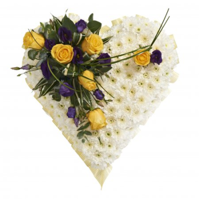Heart - A beautifully crafted heart-shaped funeral tribute designed to express love, sympathy, and everlasting remembrance. Featuring a serene white base accented with soft golden and rich violet tones, this elegant arrangement symbolises the enduring bond shared with a cherished loved one.

Handcrafted with care by a professional florist, this heartfelt design serves as a touching expression of affection and respect. Suitable for funeral services, memorial ceremonies, and celebrations of life, it offers a meaningful way to honour treasured memories and celebrate a life that will never be forgotten.